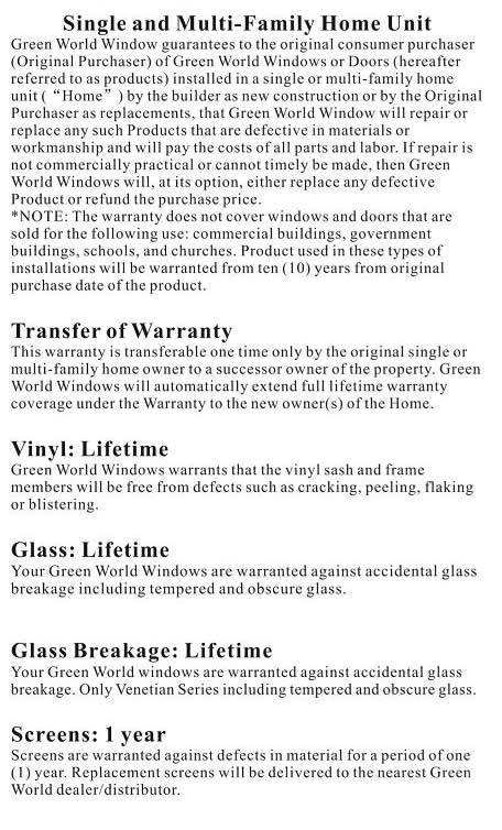 Green World Warranty Information 1 of 3