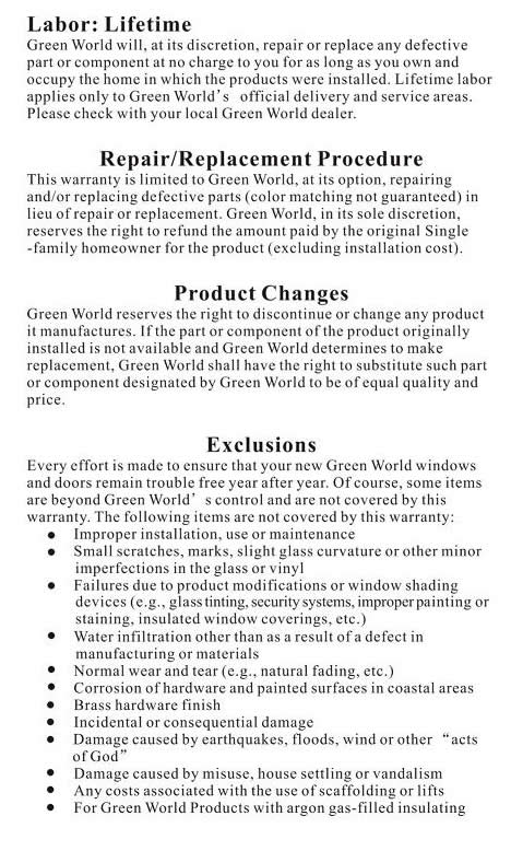 Green World Warranty Information 2 of 3