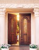 Double Mahogany Wood Doors with Brass Caming